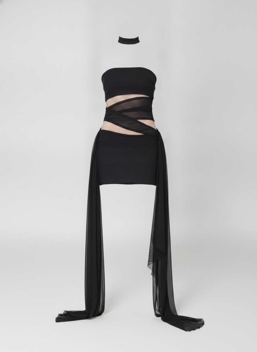 Black Mesh Wrap Bandeau Mini Dress Set with Sheer Draped Skirt
