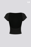 Camiseta feminina de verão, ajustada, com ombros à mostra, de manga curta, decote nas costas, em design minimalista e casual, em tecido liso