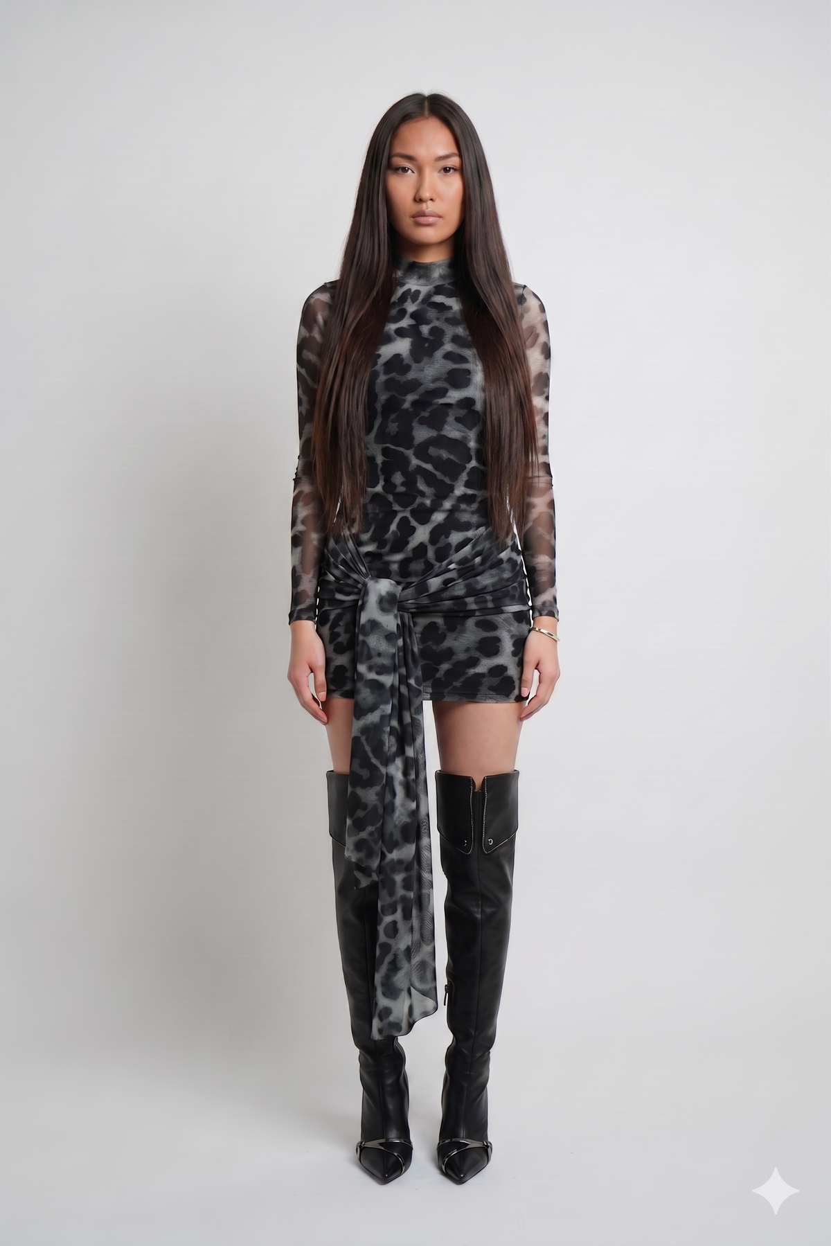 Grey Leopard Mesh Tie-Front Dress