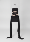 Black Mesh Wrap Bandeau Mini Dress Set with Sheer Draped Skirt