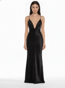 Black Satin Maxi Slip Dress with Deep V Neckline