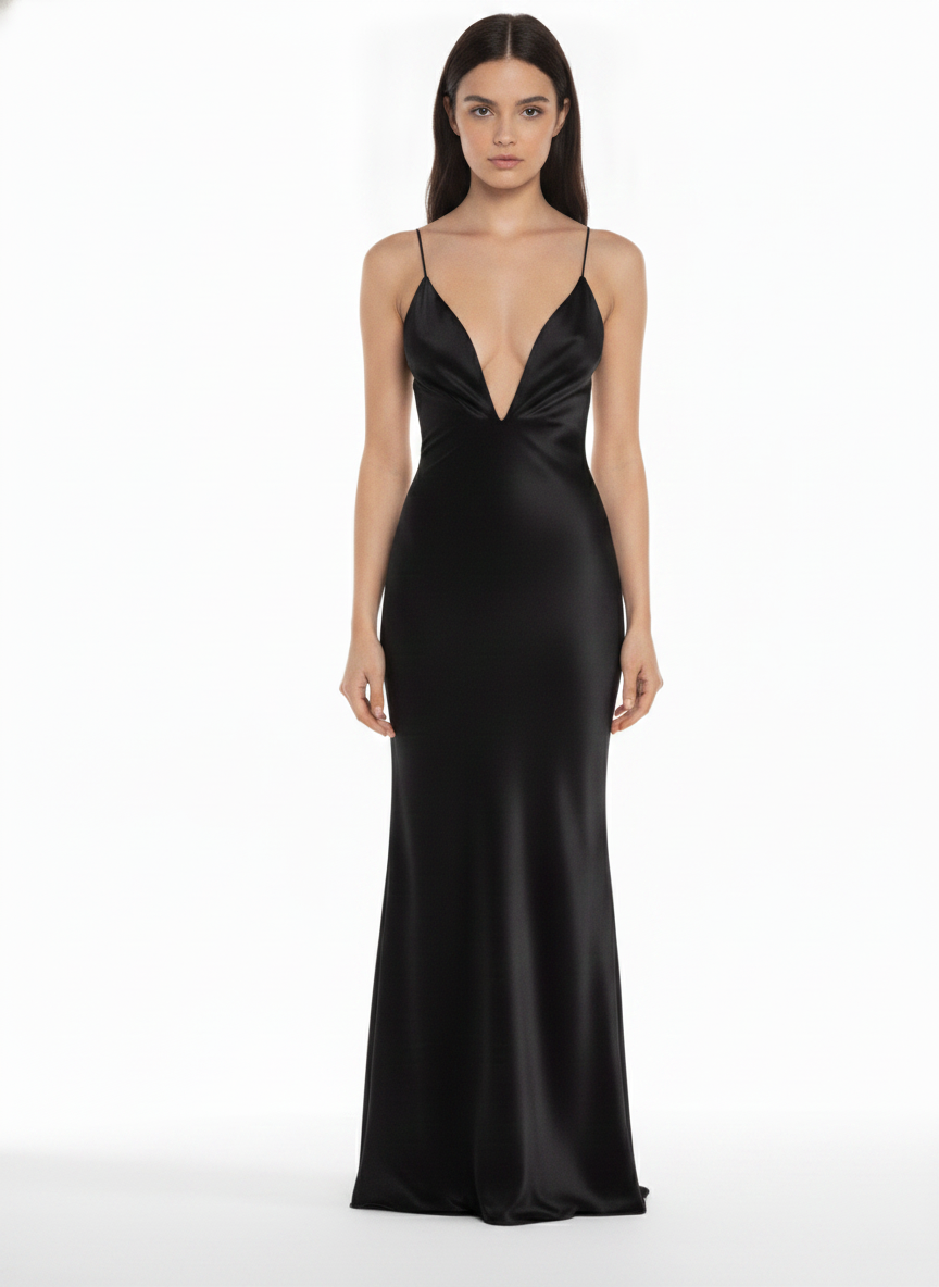 Black Satin Maxi Slip Dress with Deep V Neckline